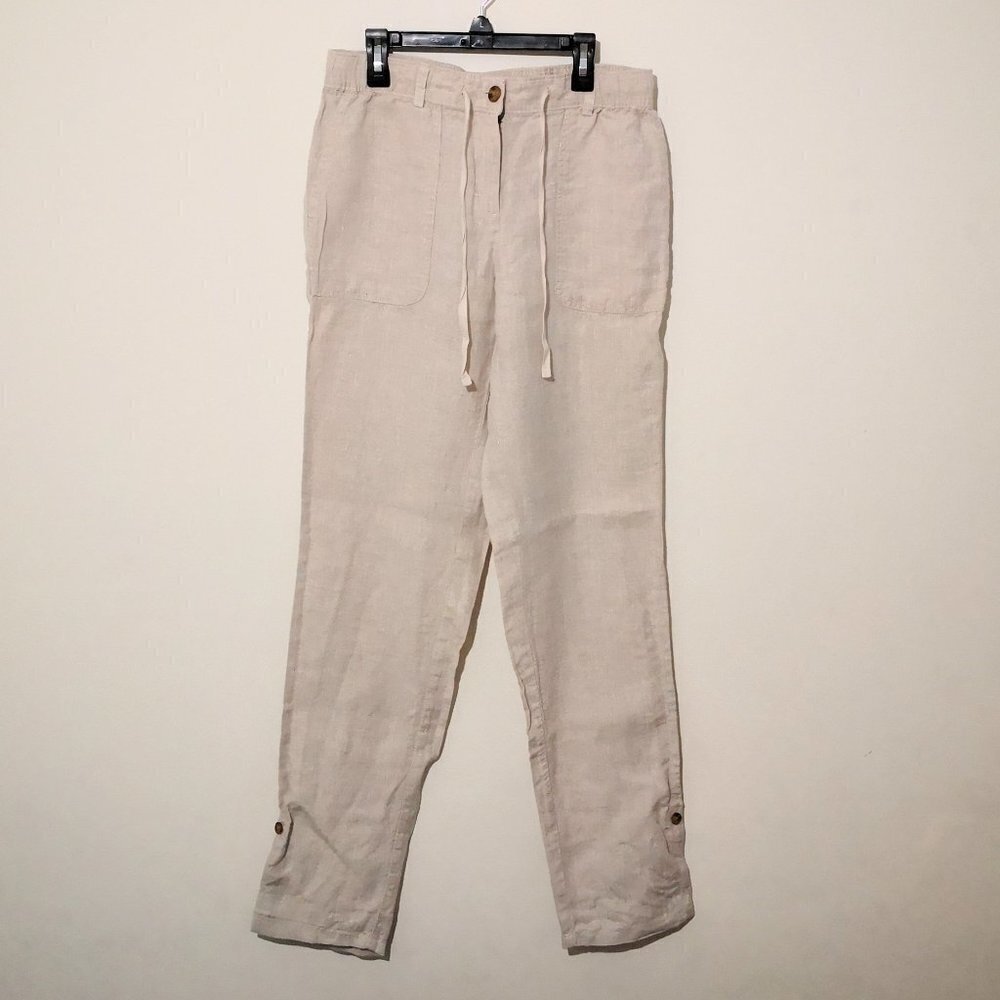 NWOT Lands' End 100% Linen Pants Drawstring‎ Waist Roll Tab Size 4